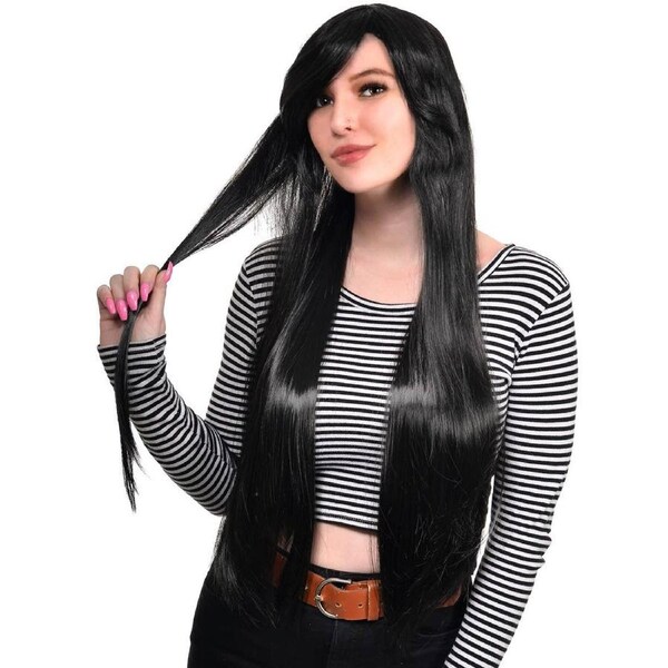 Morticia Womens Extra Long Straight Black Costume Wig