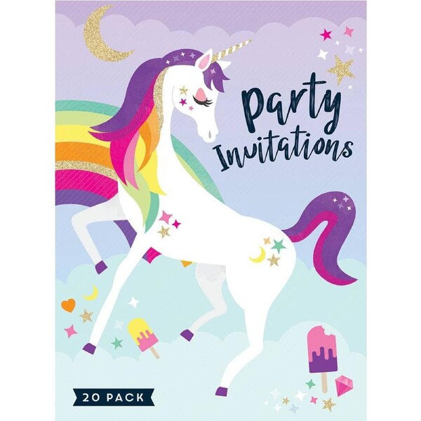 Unicorn Theme 20 Pack Paper Party Invites