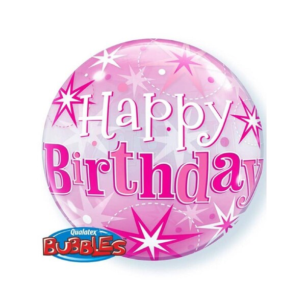 Star Burst Pink Happy Birthday 55cm Clear Bubble Balloon