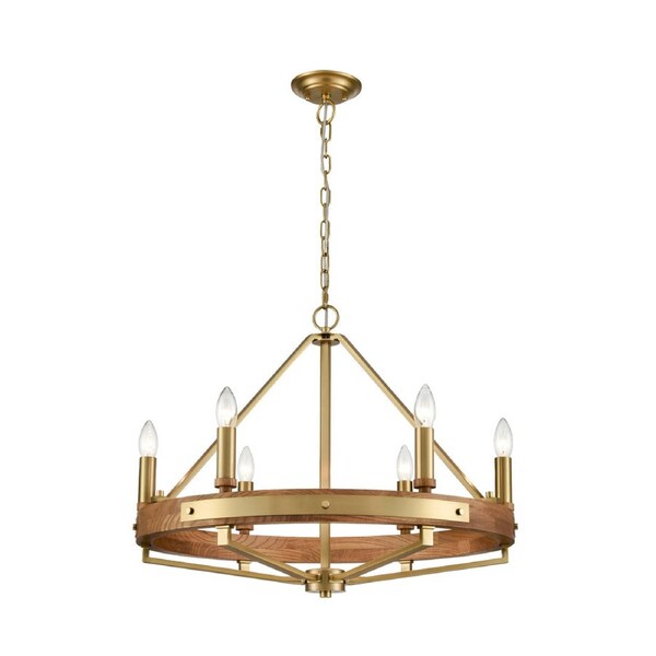 Funale Interior Candelabra Oak Wood 6-Light Pendant Light Satin Brass