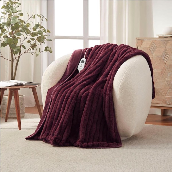 Dreamaker Chunky Embossed Fleece Electric Heated Throw Blanket Cherry130x160cm