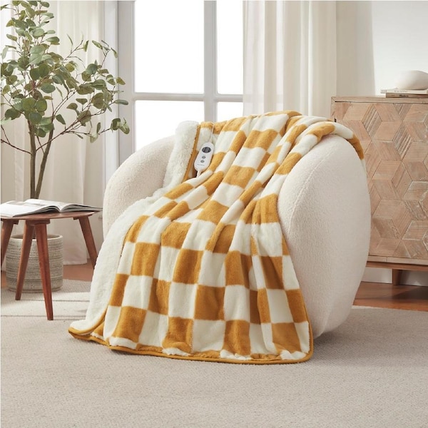 Dreamaker Checkered Plush Electric Heated Throw Blanket Chai & Cream 130x160cm