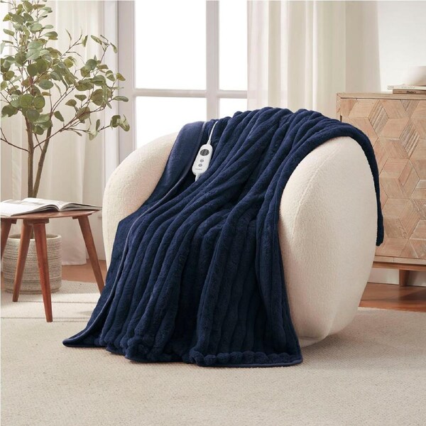 Dreamaker Cirra Chunky Embossed Fleece Electric Heated Throw Blanket Midnight Blue 130x160cm