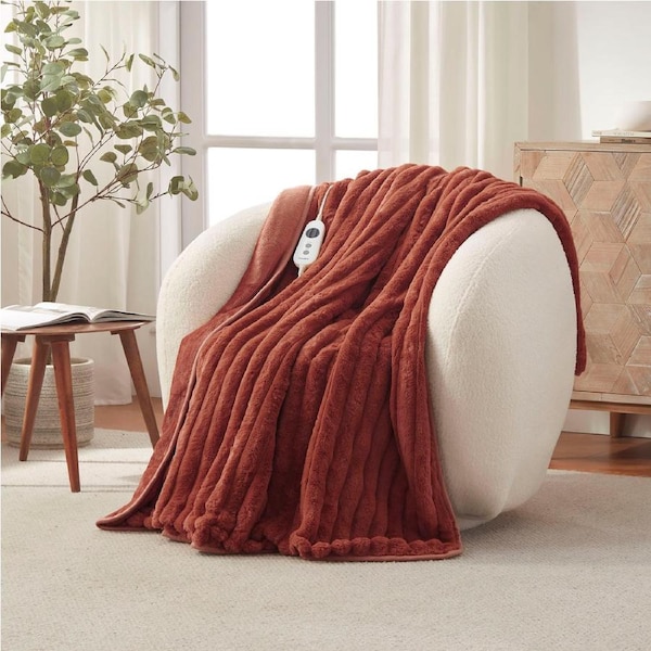 Dreamaker Chunky Embossed Fleece Electric Heated Throw Blanket Rust 130x160cm