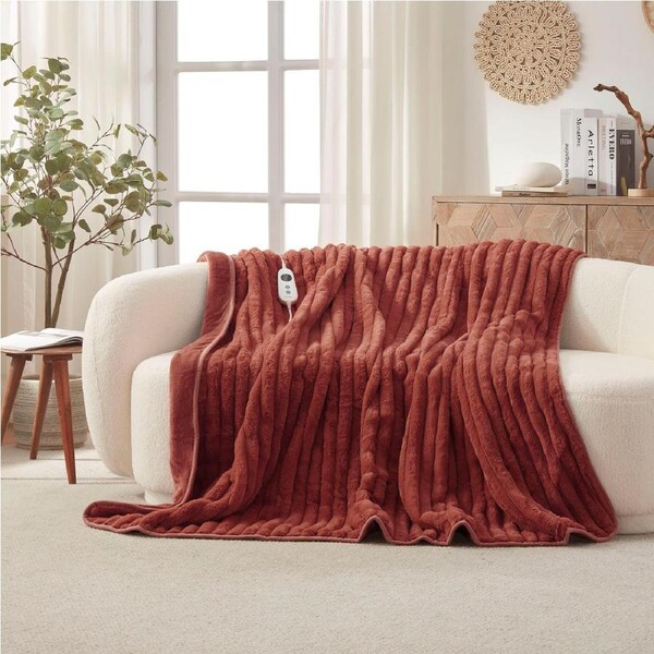 Dreamaker Chunky Embossed Fleece Electric Heated Throw Blanket Rust 180x200cm