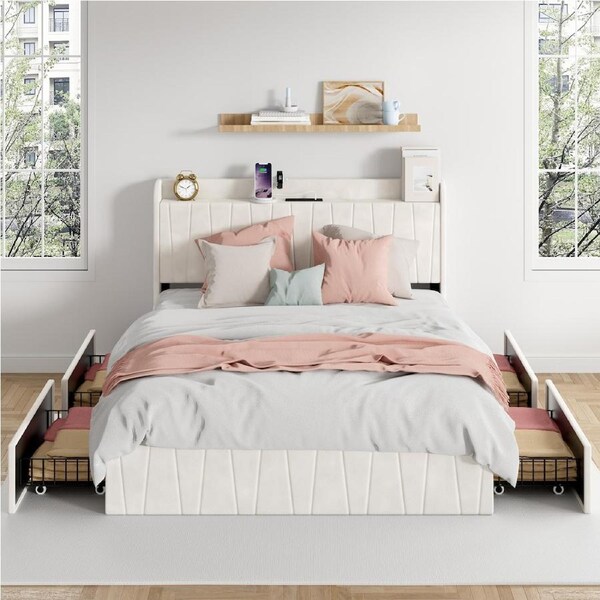 Advwin Bed Frame Queen Size with 4 Storage Drawers Charging Station and USB Port Velvet Upholstered Headboard off-White