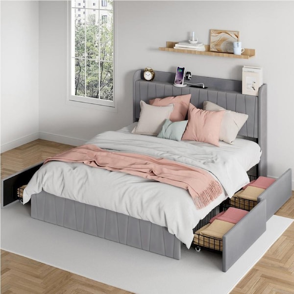 Advwin Bed Frame Queen Size with 4 Storage Drawers Charging Station and USB Port Velvet Upholstered Headboard Dark Grey