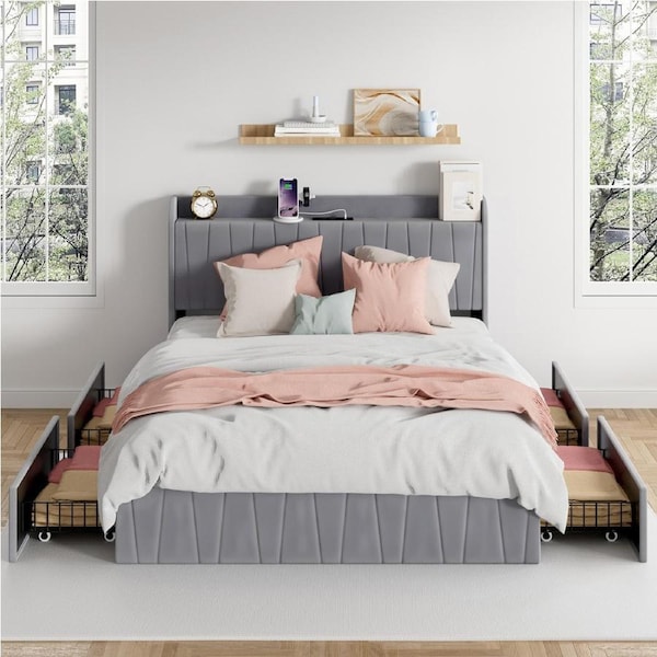 Advwin Bed Frame Double Size with 4 Storage Drawers Charging Station and USB Port Velvet Upholstered Headboard Dark Grey