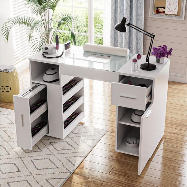 Advwin Manicure Table Nail Tech Desk with Dust Collector Glass Top Drawers Shelves Storage Lockable Wheels White