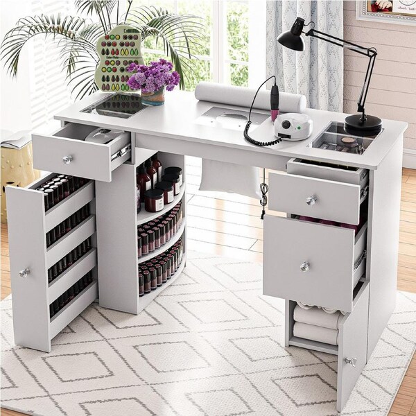 Advwin Manicure Table for Nail Tech with Dust Collector Glass Top Acetone Resistant Drawers Shelves Crystal Handles White