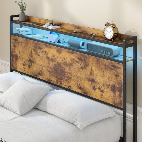 Advwin Double Size Storage Headboard with LED Light Charging Station Height Adjustable Rustic Brown
