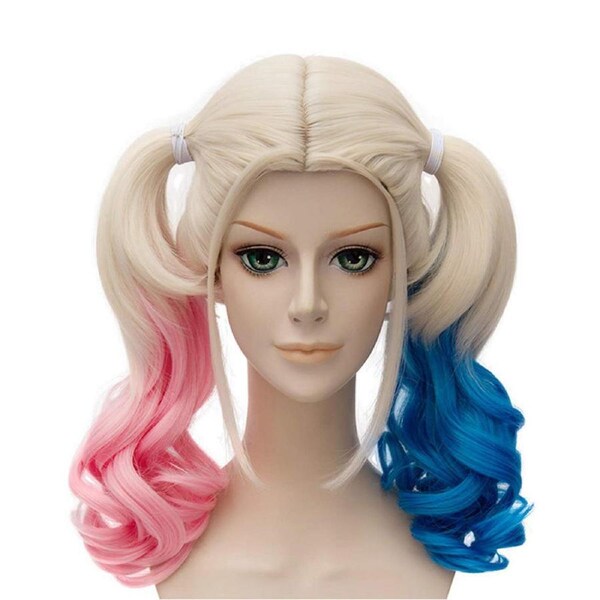Catzon Pink and Blue Wig for Women Two Ponytails for Halloween Party