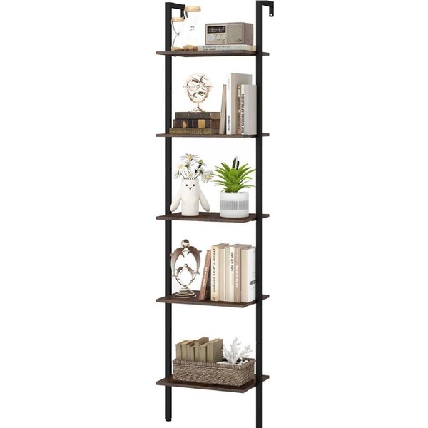 Costway 5-Tier Ladder Shelf Wall Mount Bookshelf w/Anti-Tipping Kits Display Shelf Brown