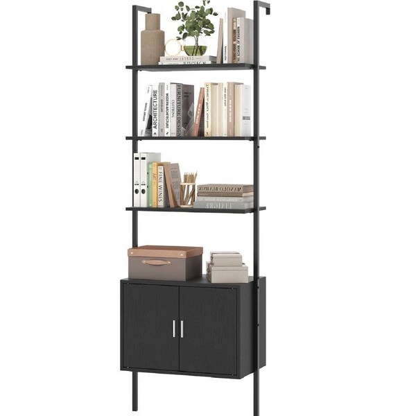 Costway Bookshelf 5-Tier Wall Mount Ladder Bookcase w/Cabinet & Metal Frame Display Rack Black