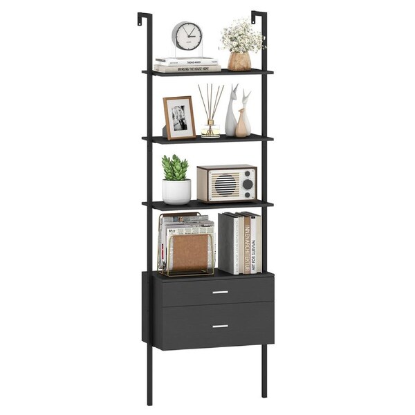 Costway 6-Tier Ladder Bookcase Wall-Mounted Bookshelf w/2 Drawers Modern Open Display Shelf Black