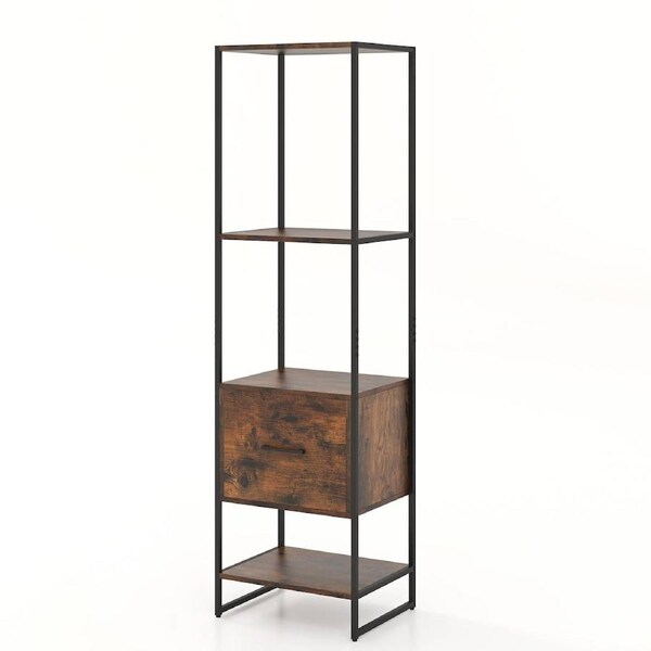 Costway 5-Tier Bookshelf Tall Narrow Bookcase w/Drawer Shelves Storage Organizer Brown
