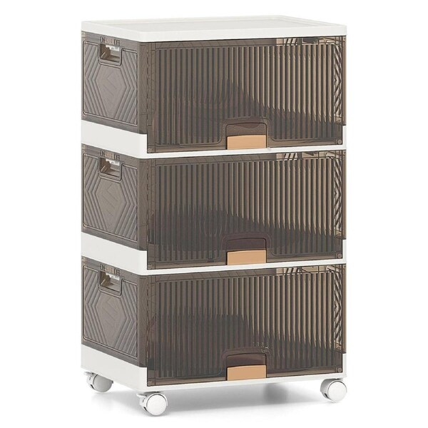 Giantex 3-Tier Stackable Shoes Rack Organizer Foldable Shoe Boxes w/Flip Doors Display Boxes Brown