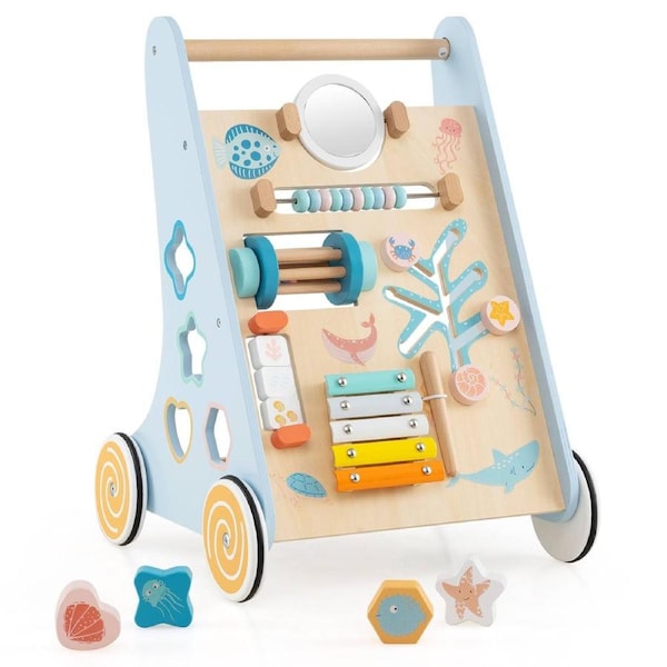 Babyjoy 8-in-1 Wooden Walker Push & Pull Activity Center Montessori Develops Early Skills w/Wheels Blue