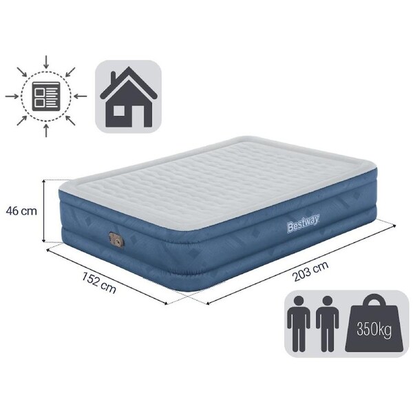 Bestway 2.03m x 1.52m x 46cm Fortech Snugable Top Air Inflatable Mattress Queen Built-in AC Pump