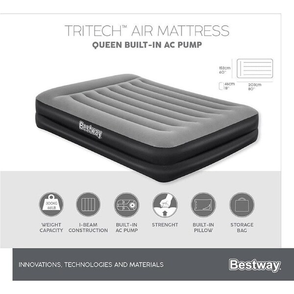 Bestway 2.03m x 1.52m x 46cm Tritech Air Mattress Queen Built-in AC pump