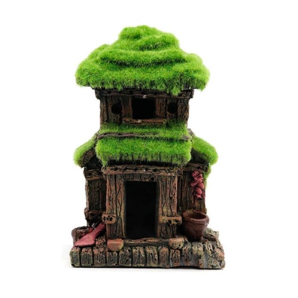 Aquarium Decorations Fish Hideout House Betta Cave with Green Lifelike Moss-010