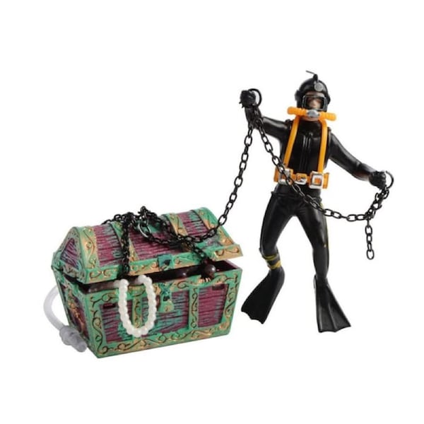 Action Aquarium Ornament Undersea Treasure Chest Diver Live-Action Aerating Decorations-Black