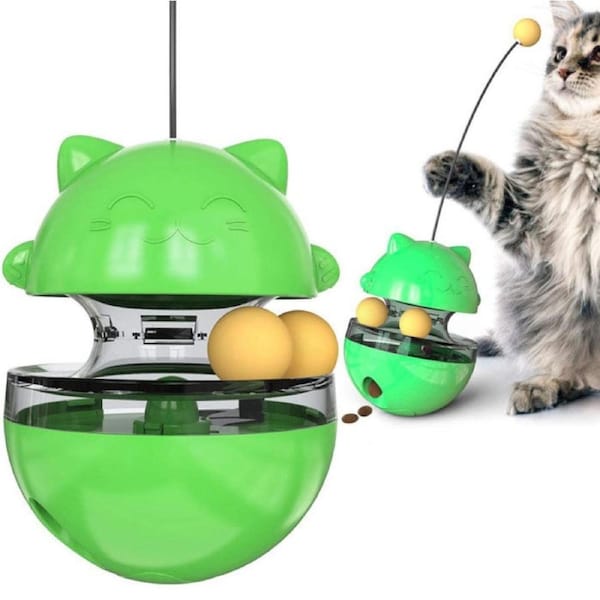 Tumbler Style Cat Food Dispenser Treat Toys with Dual Rolling Balls Detachable Wand-Green