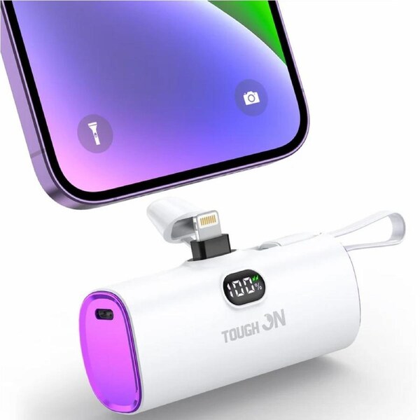 Tough On Small Portable Charger 5000mAh Mini Power Bank with Built-in Cable White/Purple