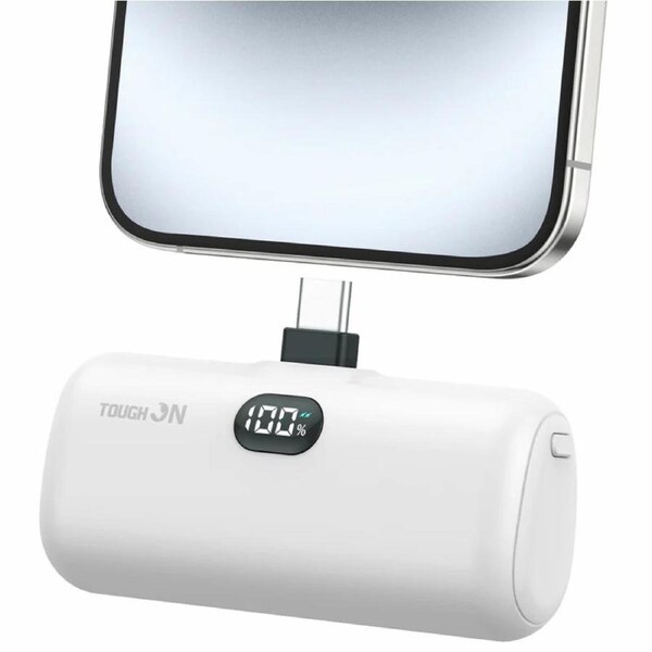 Tough On Mini Portable Charger 5000mAh Power Bank USB C Charging for Samsung Android iPhone 15 & 16 Series White