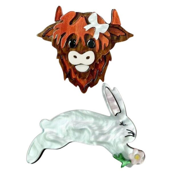 Urban Iris Highland Cow/Hopping Bunny Brooch Pin Women's Jewellery Combo Set