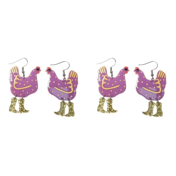 2PK Urban Pop Cowboy Chicken Dangle Earrings Women's Casual Jewellery Purple