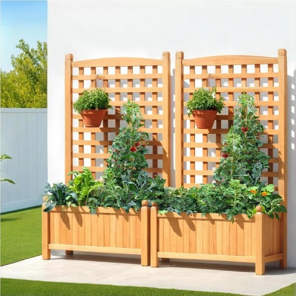 Green Fingers 2X Garden Bed Wooden 64x35x115cm Planter Raised Box Container Trellis
