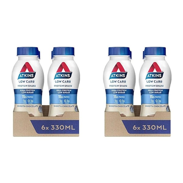 2x 6pc Atkins Low Carb Protein Shake 330ml Smooth Chocolate Sugar Free Drink