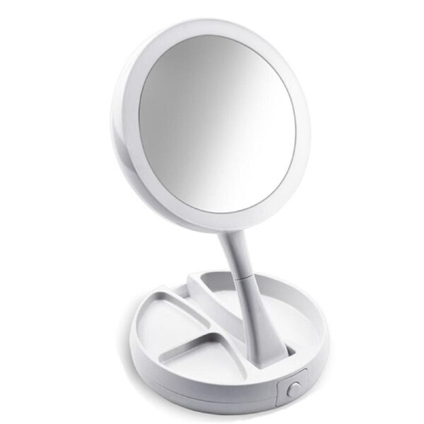 Makeup Mirror with Light Portable 360 Rotating Beauty Three Fold Double-sided Dressing Mirror Table Lamp(White)