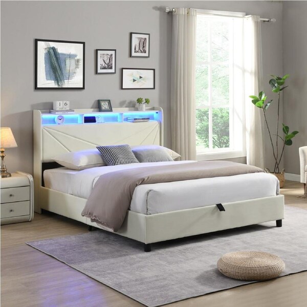 HOMFURN Double Size Gas Lift Bed Frame with LED Lights and Charging Station, Modern Upholstery Bed Storage Headboard, Beige