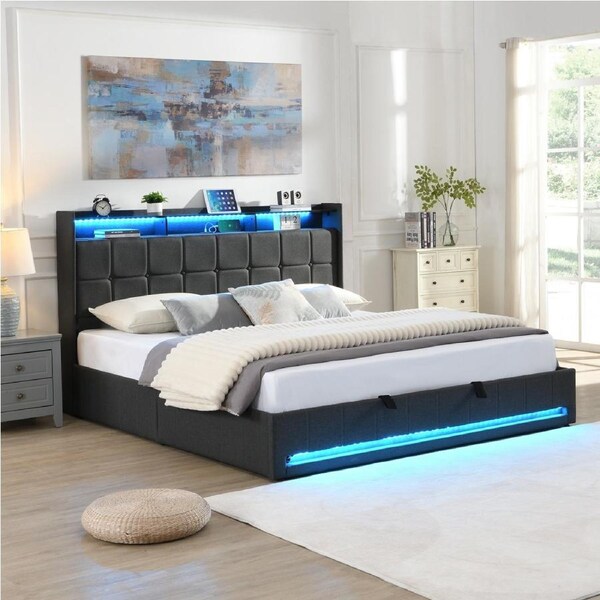 HOMFURN King Size Gas Lift Bed Frame with LED Lights and Charging Station, Button Tufted Upholstery Bed Storage Headboard, Grey