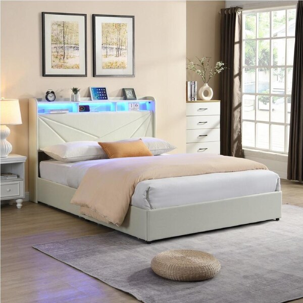 HOMFURN Queen Size Upholstered Bed Frame with 4 Storage Drawers??USB Charging Station and Led Lights, Beige
