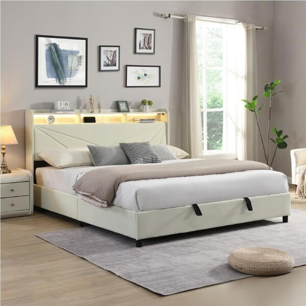 HOMFURN King Size Gas Lift Bed Frame with LED Lights and Charging Station, Modern Upholstery Bed Storage Headboard, Beige
