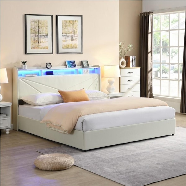 HOMFURN King Size Upholstered Bed Frame with 4 Storage Drawers??USB Charging Station and Led Lights, Beige