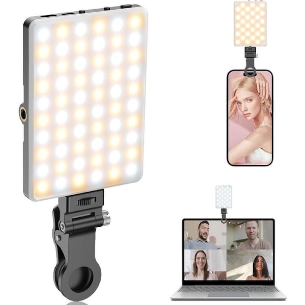 60 LED Selfie Light, with Rechargeable Clip and Adjusted 3 Light Modes, 2000mAh Video Light for iPhone iPad, Laptop, Makeup, Video Conference