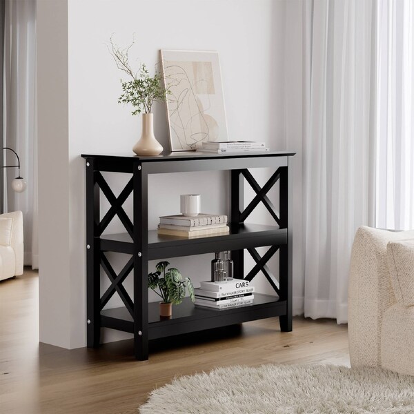 Oikiture 3-Tier Console Table X-Design Wood Sofa Table Hall Side Entry Black