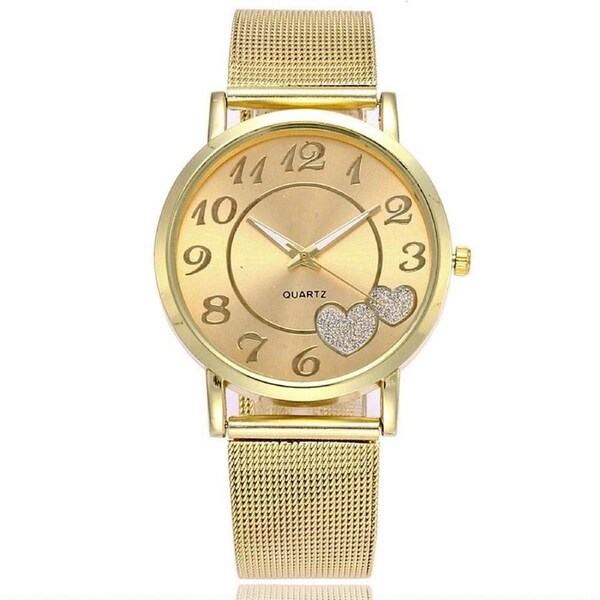 Women Double Heart Mesh Belt Watch - Golden Alloy