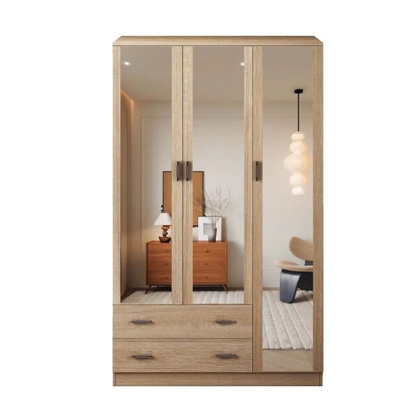 Mirrored Wardrobe Cabinet Armoire Closet Bedroom Clothes Storage Organiser Drawers Full Length Mirrors Wooden Furniture Hanging Rails 110x50x180cm Oak