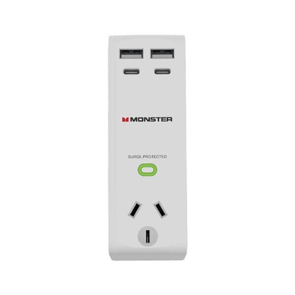 Monster Single Socket Surge Protector With Usb C And Usb A Ports White