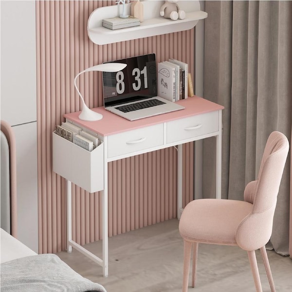 Advwin 80cm Computer Desk with 2 Drawers and Storage Bag Makeup Vanity Desk Home Office Writing Workstation Study Table with Hooks Pink