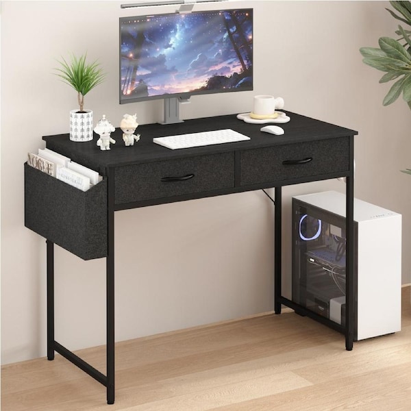 Advwin 100cm Computer Desk with 2 Drawers and Storage Bag Makeup Vanity Desk Home Office Writing Workstation Study Table with Hooks Black