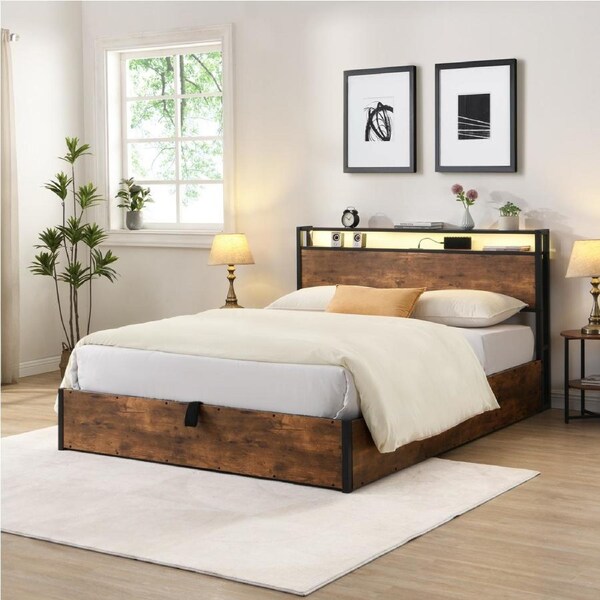 HOMFURN Queen Size Lift Up Storage Bed Frame with LED Lights and Charging Station,Rustic Brown