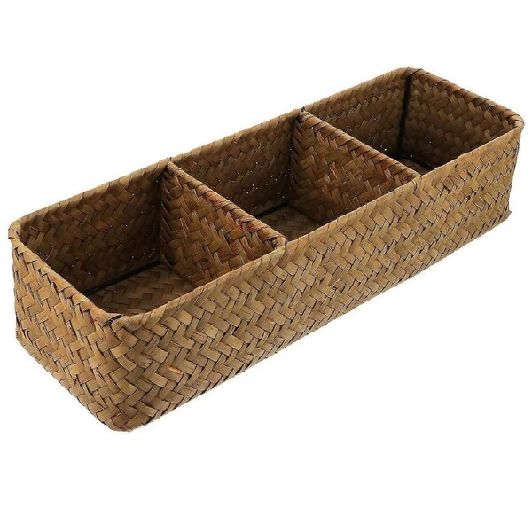 1pc 3 Compartments Home Storage Box Sea Grass Woven Sundries Storage Case