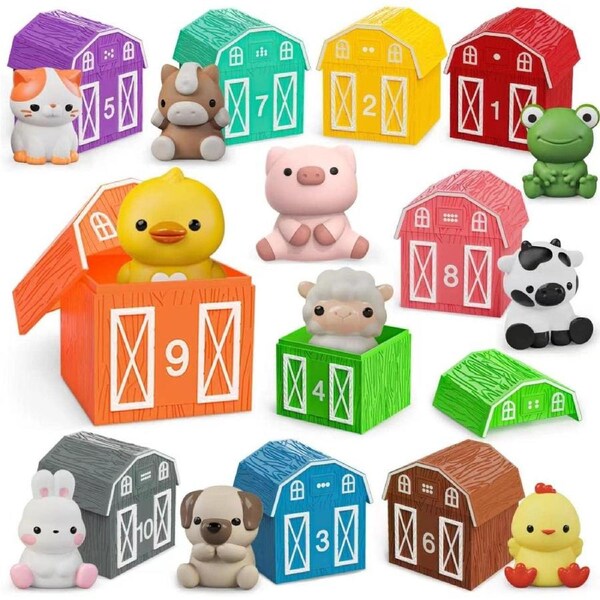 Learning Toy , 10 Farm Animal Toys & 10 Barns, Counting, Matching & Sorting Montessori Educational Sensory Toys, Christmas Birthday for Toddlers 1 2 3 Year Old