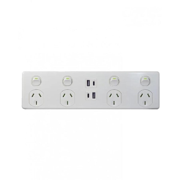 Trader Leopard LE4X4AC - Power Point 4 Gang 10A 250V USB A + C 3.1A - Double Pole